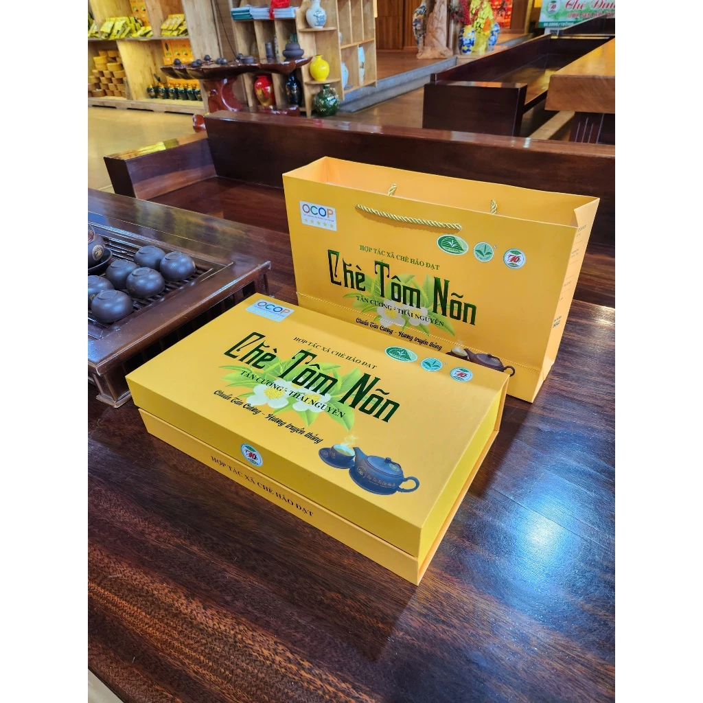 Hộp 2 ô tròn chè tôm nõn 500g ấm HTX Chè Hảo Đạt - Tân Cương Thái Nguyên - Ảnh 2